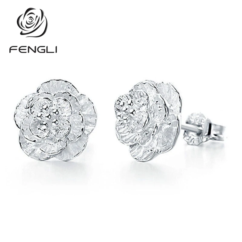 Женские корейские серьги гвоздики FENGLI Bts серебристые элегантные с цветком для