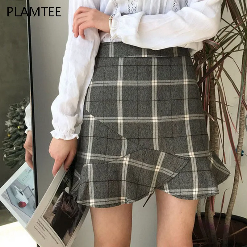 Plamtee 2018 Весна Высокая Талия Для женщин русалка юбка корейский стиль женский плед