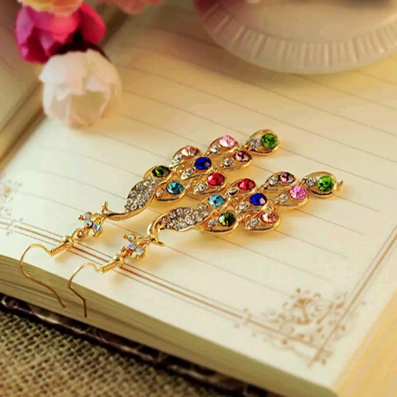

Charming Long Peacock Fancy Crystal Rhinestone Wing Golden Body Ladies Animal Drop Dangle Earrings for Women piercing Jewelry