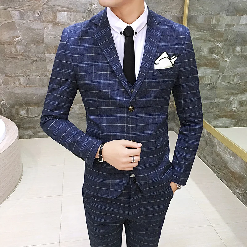 Korean Version Self-cultivation Men's Plaid Printed Suit Three-piece Dress Costume Homme Mariage Luxe | Мужская одежда