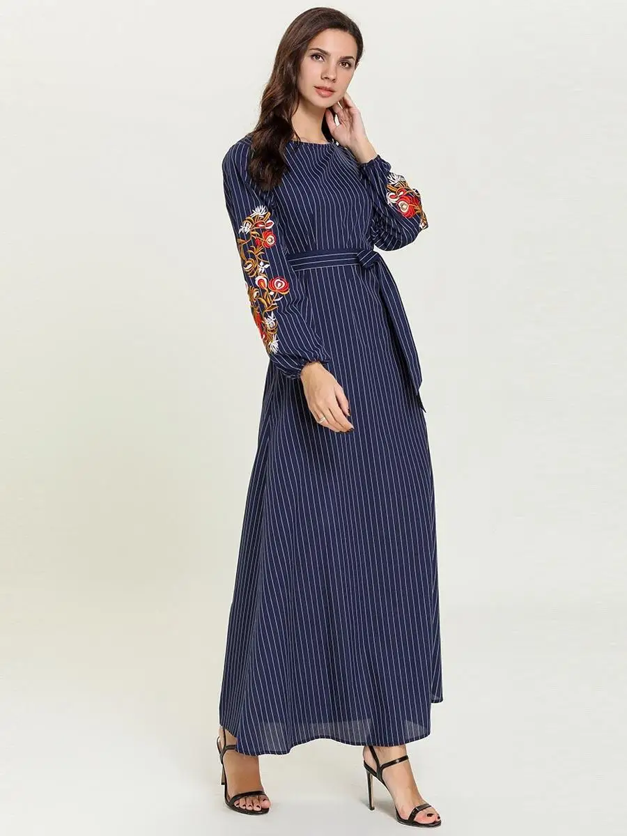 Длинное платье в полоску с вышивкой для женщин мусульманское Кафтан Абая Муслим