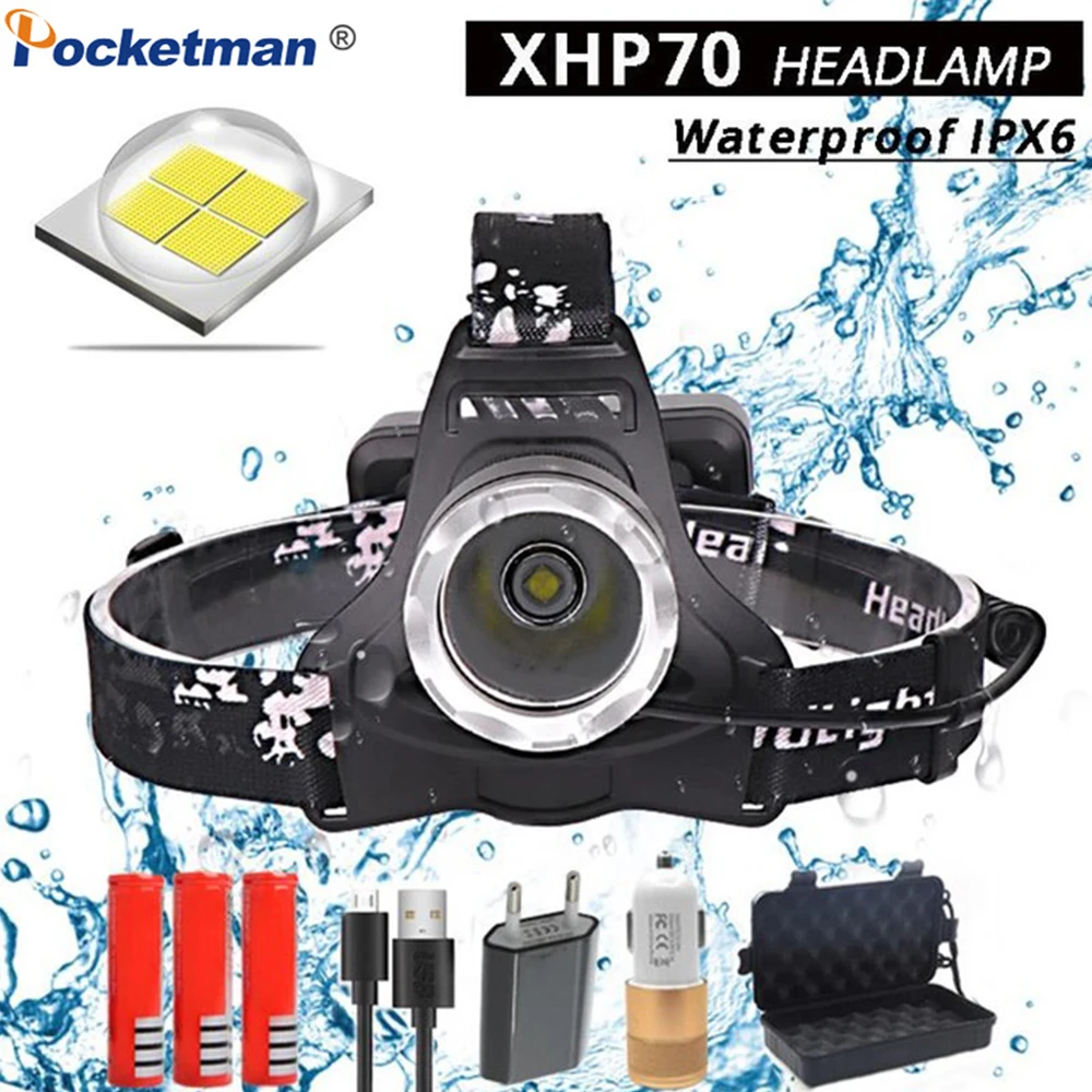 XHP70 светодиодный налобный фонарь, мощный налобный фонарь, зарядка через usb, Головной фонарь, фонарь, 3*18650, аккумулятор, для охоты, кемпинга