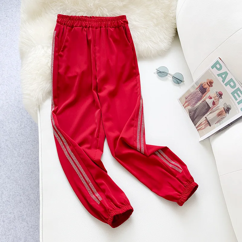 Женская Мода Украшенные стразами штаны-шаровары Штаны в Корейском стиле Harajuku