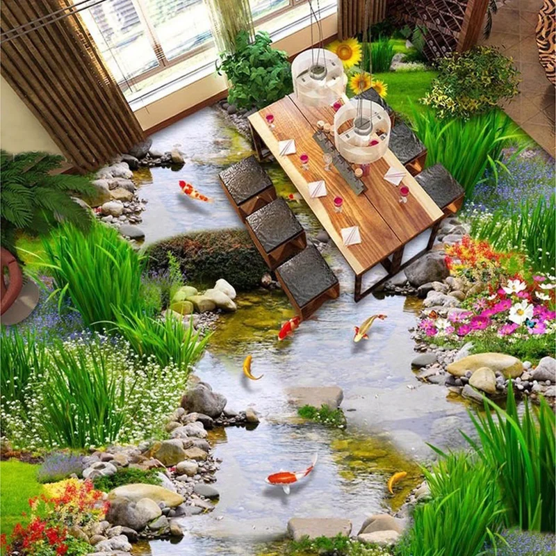 Пасторальный Creek пользовательские 3D Пол фрески ПВХ самоклеющаяся