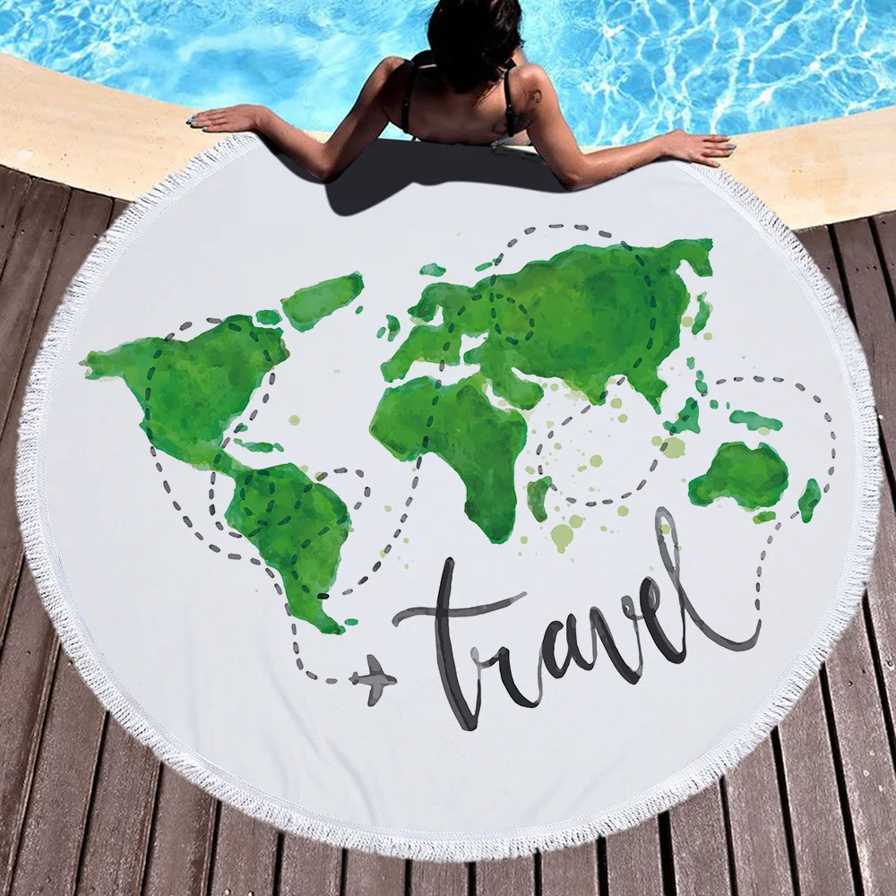 150cm World Map Printed Large Round Beach Towel Microfiber With Tassels Thick Terry Cloth Towels Serviette De Plage | Дом и сад