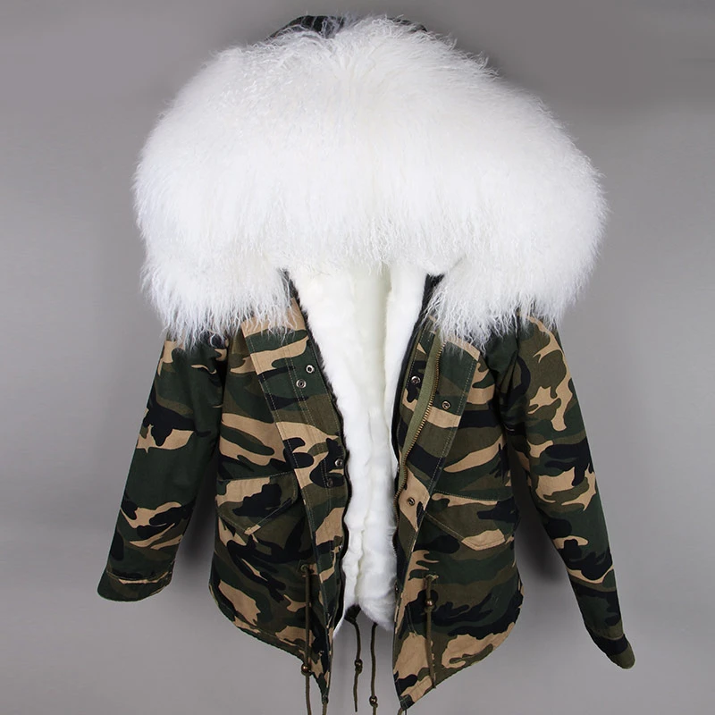 camo white Parka Real Fur Coat Winter Jacket Women Real Mongolia Sheep Fur Parkas Thick Warm Luxury Detachable Outerwear Streetwear - Цвет: camo white