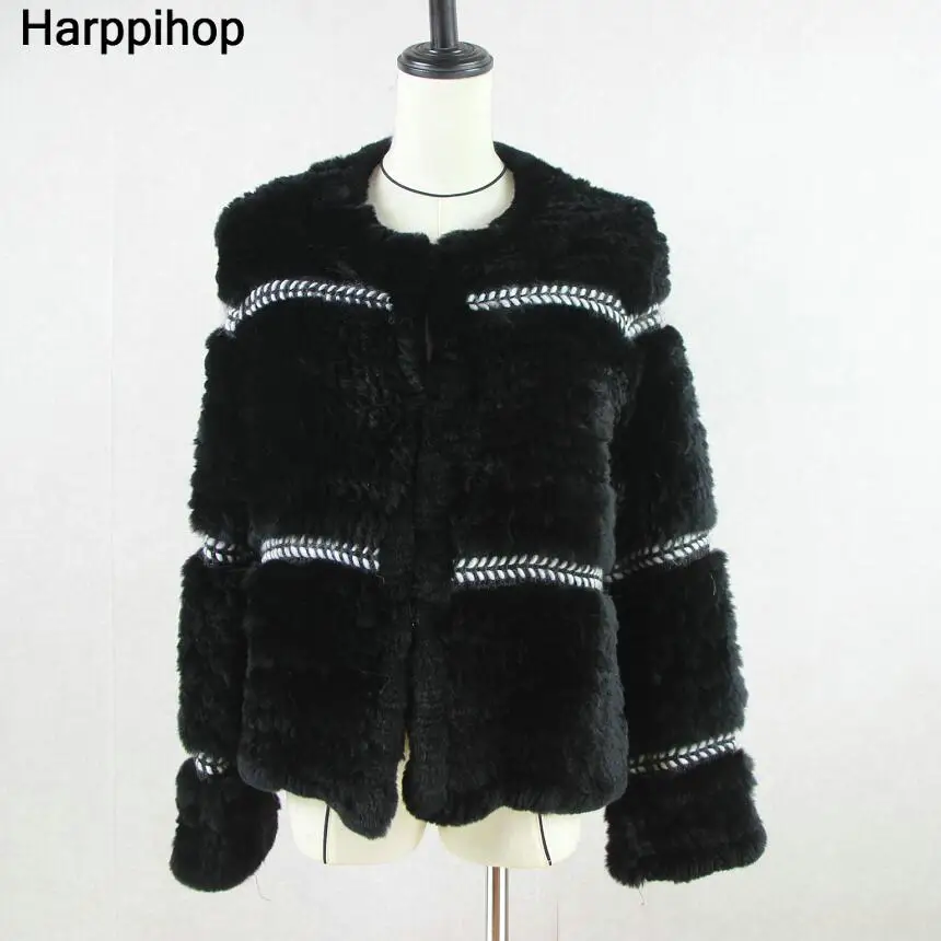 Harppihop, Рекс, вязаная шуба из натурального кроличьего меха, женская модная длинная куртка из кроличьего меха, верхняя одежда, зимнее меховое пальто - Цвет: Черный