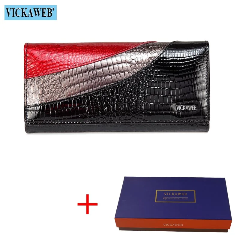 Black Wallet and Box VICKAWEB кошелек женский в стиле пэчворк с длинными Для женщин кошельки из натуральной кожи кошельки женские Винтаж с застежкой-молнией из кожи аллигатора Стандартный кошельки - Цвет: Black Wallet and Box