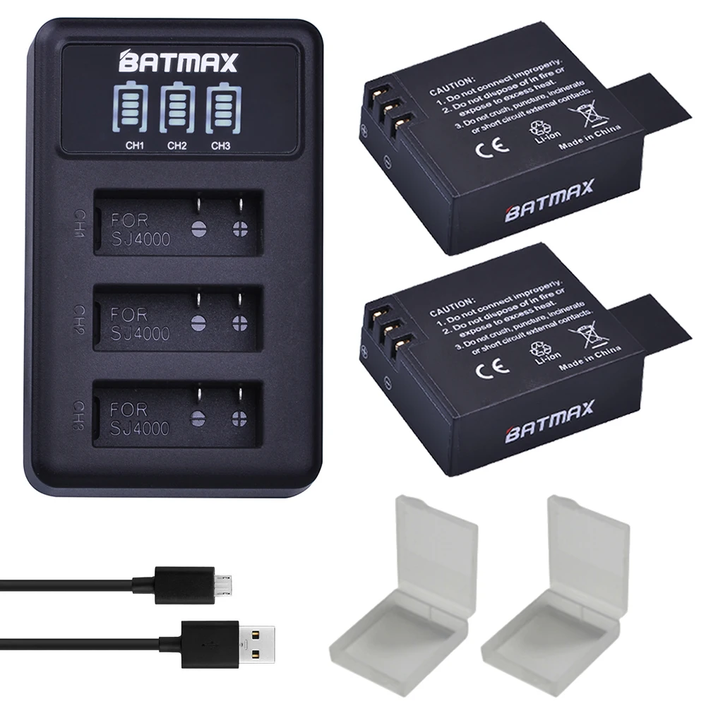 2 шт. аккумулятор SJ4000 PG1050 + светодиодный 3 слота USB зарядное устройство для экшн