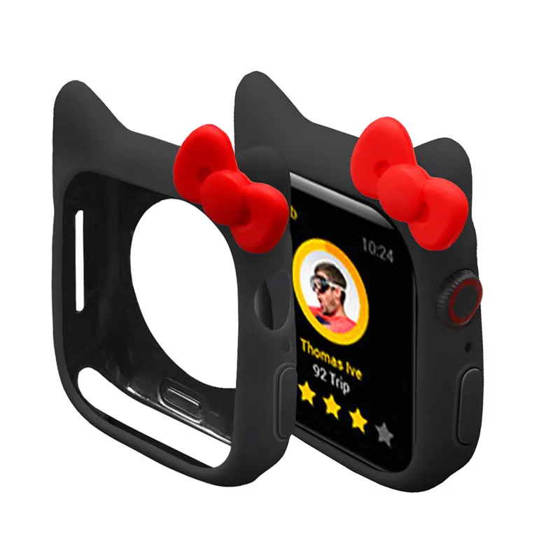 Black red Силиконовый чехол с милыми ушками Микки и Минни Маус для Apple Watch Series 4, 3, 2, 1, защитный чехол для iWatch 44 мм, 42 мм, 40 мм, 38 мм - Цвет ремешка: Black red