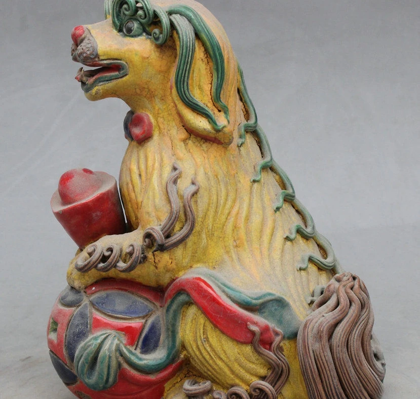 Folk Chinese wucai Porcelain wealth yuanbao Lucky Dog PiXiu statue pray ball | Дом и сад