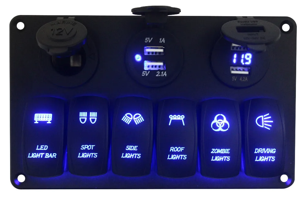 

2017 Aluminum RV Car Boat LED 6 Gang Rocker Switch Panel + USB Power Voltmeter