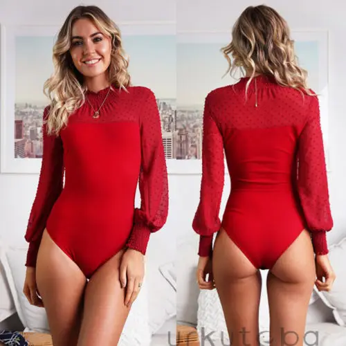 

New Hot Sexy Bodysuits Womens Long Sleeve Bandage Lace Bodysuit Leotard Tops Jumpsuit Rompers Solid Mesh Lace Women Clothing