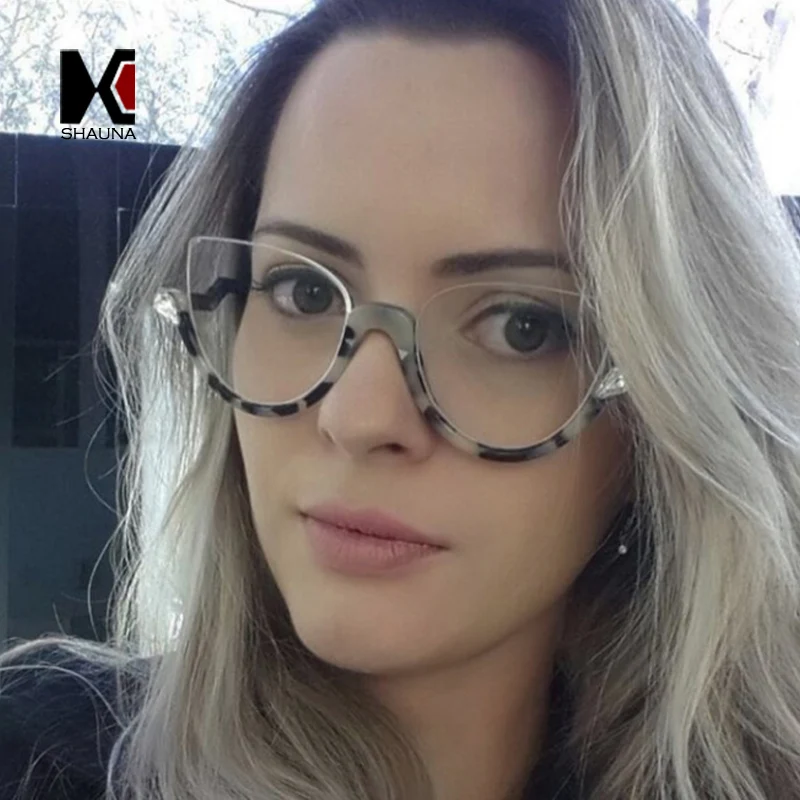 SHAUNA, ретро Стразы, украшение, женские солнцезащитные очки Cateye, женские полуоправы, Зеркальные покрытия оттенков, тонированные/прозрачные линзы, очки