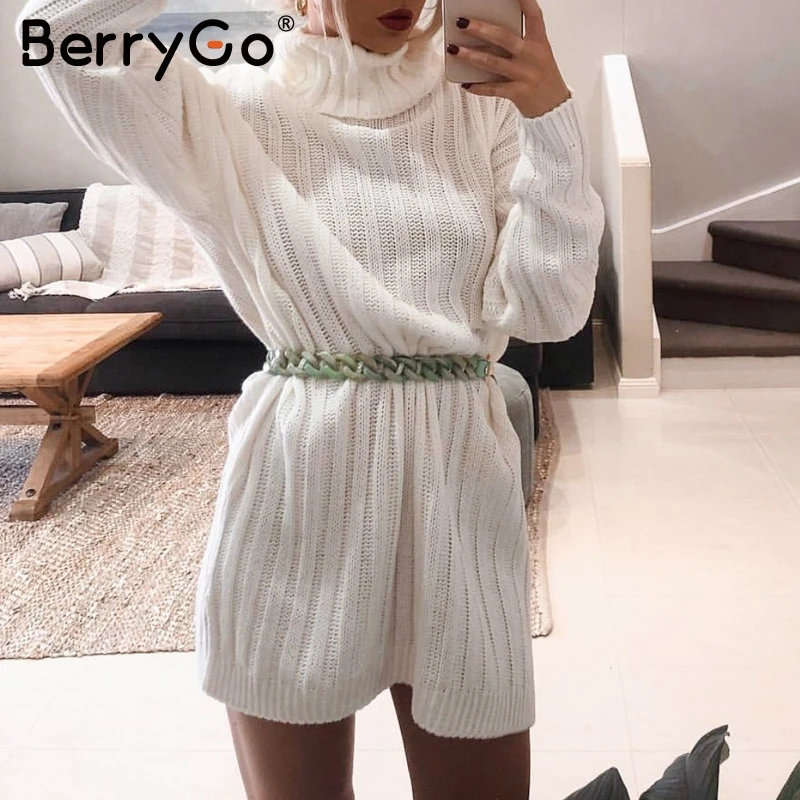 Белый BerryGo Просто, элегантно трикотажное платье для женщин осень черепаха шеи женский белый свитер платье сексуальные праздничные однотонные женские зимние бирюзовые платья - Цвет: Белый