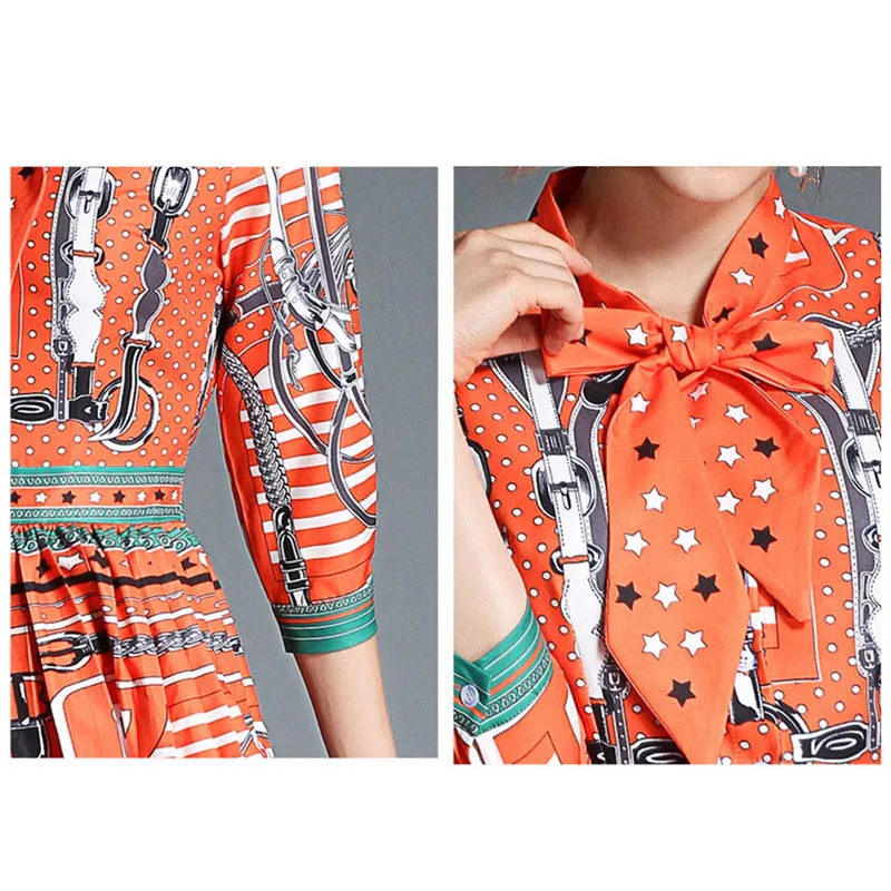 

Willstage 2019 Autumn Women Dress Vintage Pleated Floral Dots Printed Orange Dresses Pattern Elegant Bow Lace up Vestidos Casual