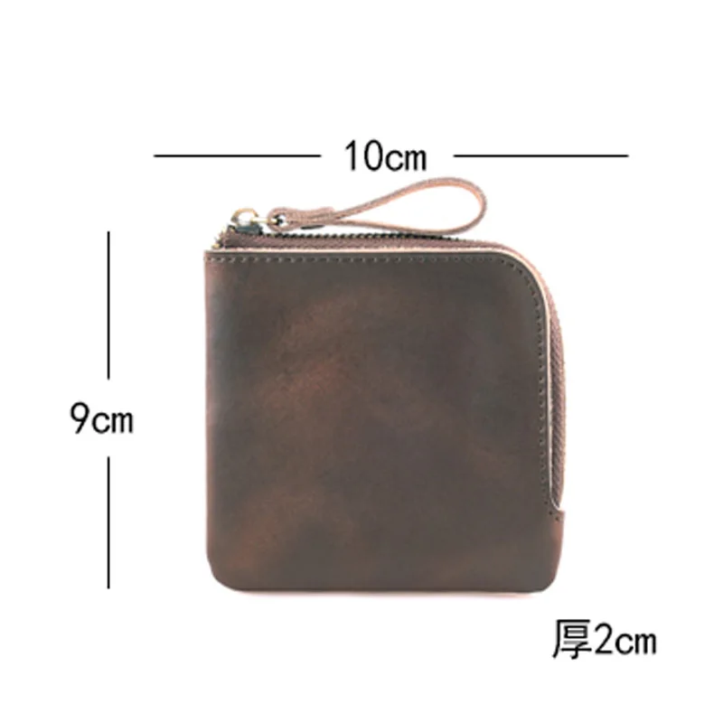 Мужской маленький кошелек на молнии ручной работы из кожи Crazy Horse с карманом для