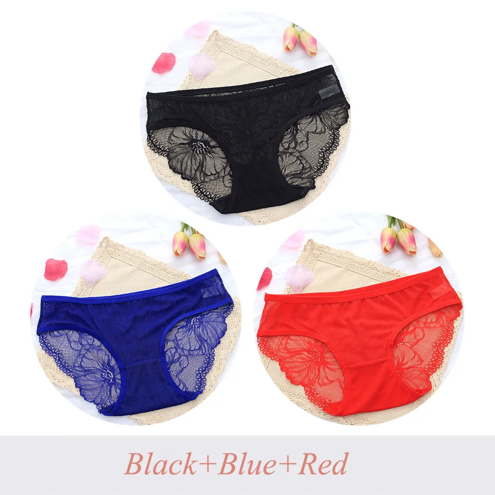 BlackBlueRed 3 шт., сексуальные кружевные трусики, женские прозрачные трусы с низкой посадкой, дамское нижнее белье, трусы большого размера, нижнее белье, трусики - Цвет: BlackBlueRed