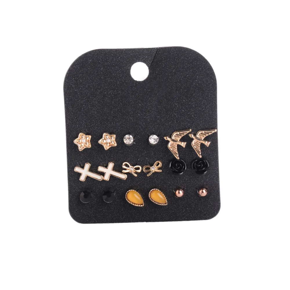 Cloaccd 2017 Fashion Stud Earring Sets Lovely Mix Style Crystal Birds Star Cross Bow Rose 9Pairs/Set for Women | Украшения и