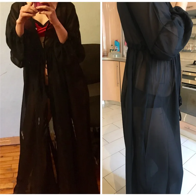 Sexy Transparent Green Chiffon Button Front Open Lantern Sleeve Side Split Beach Dress Summer Women Tunic Swimsuit Cover Up N331 | Женская