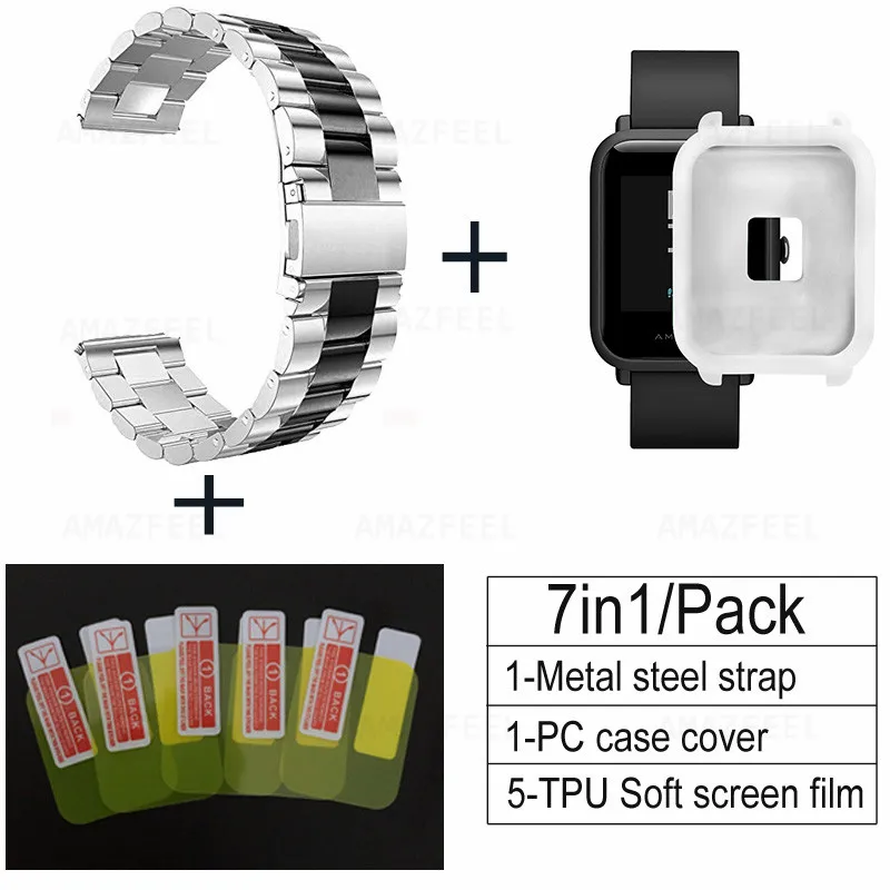 silver black-white S 7 шт./упак. ремешок для часов из нержавеющей стали для Xiaomi Huami amazfit bip Youth Metal replacment наручный защитный ремень Чехол+ пленка для экрана - Color: silver black-white S