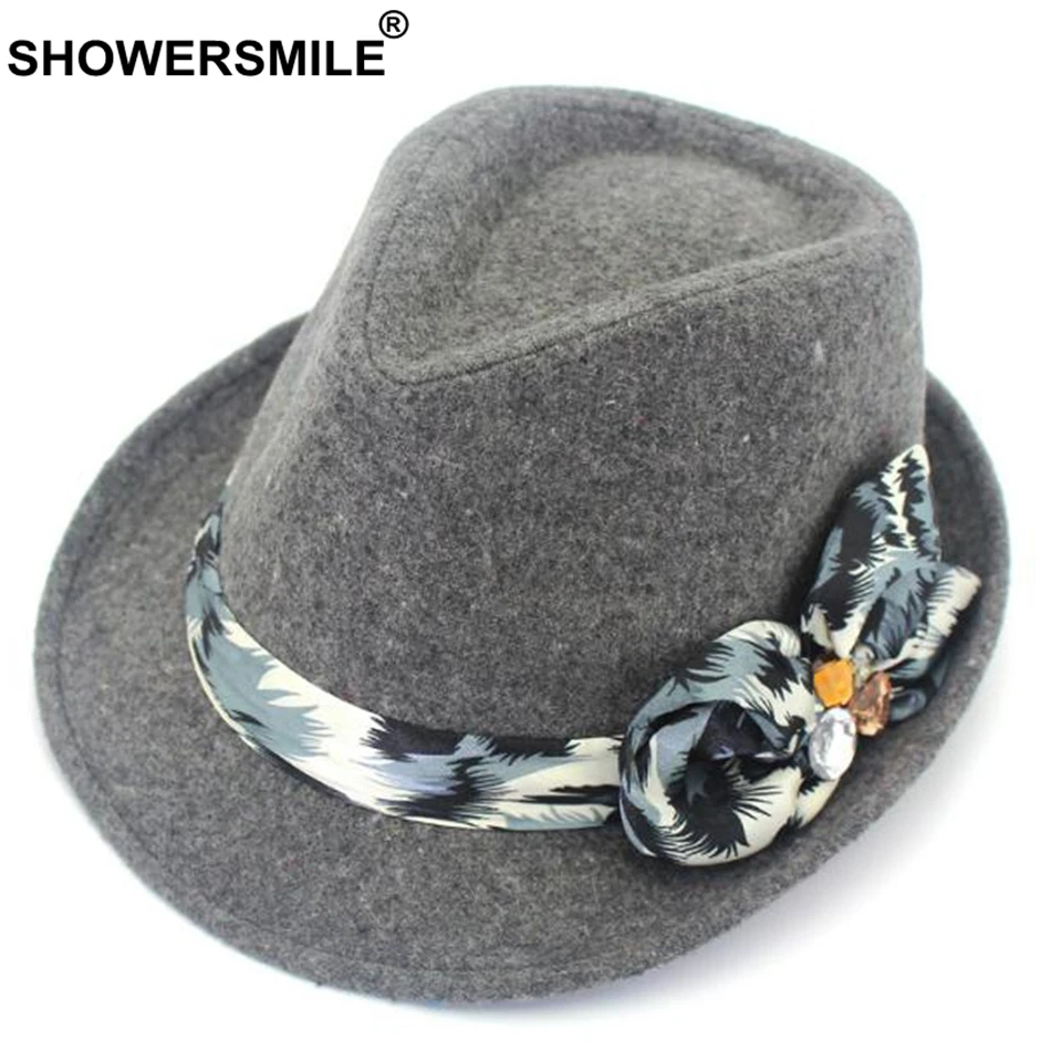 SHOWERSMILE серая женская шляпа-федора, Классическая шерстяная шляпа с бантом, фетровая винтажная Осенняя зимняя твидовая британская джазовая шляпа, элегантные модные кепки
