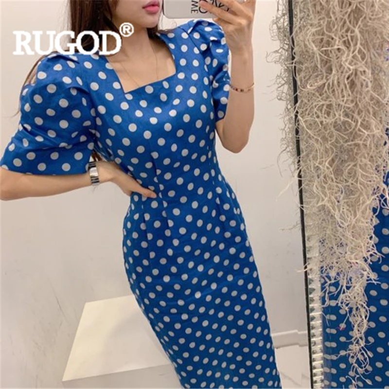 RUGOD Платье-футляр макси с принтом в горошек, элегантное платье с пышными рукавами и квадратным воротником, боди с коротким рукавом, новинка, модная женская винтажная одежда