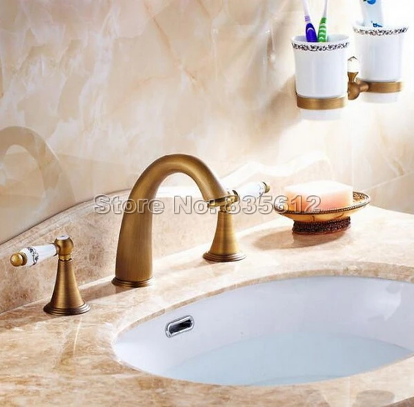 

Antique Brass Bathroom Faucet Wash Basin Mixer Vessel Sink Tap Deck Mount 3 Hole Widespread Ceramic Handles Tub Faucets Wan029