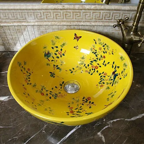 Фарфор ручной работы раковина птицы и цветы столешницы Керамика Ванная комната