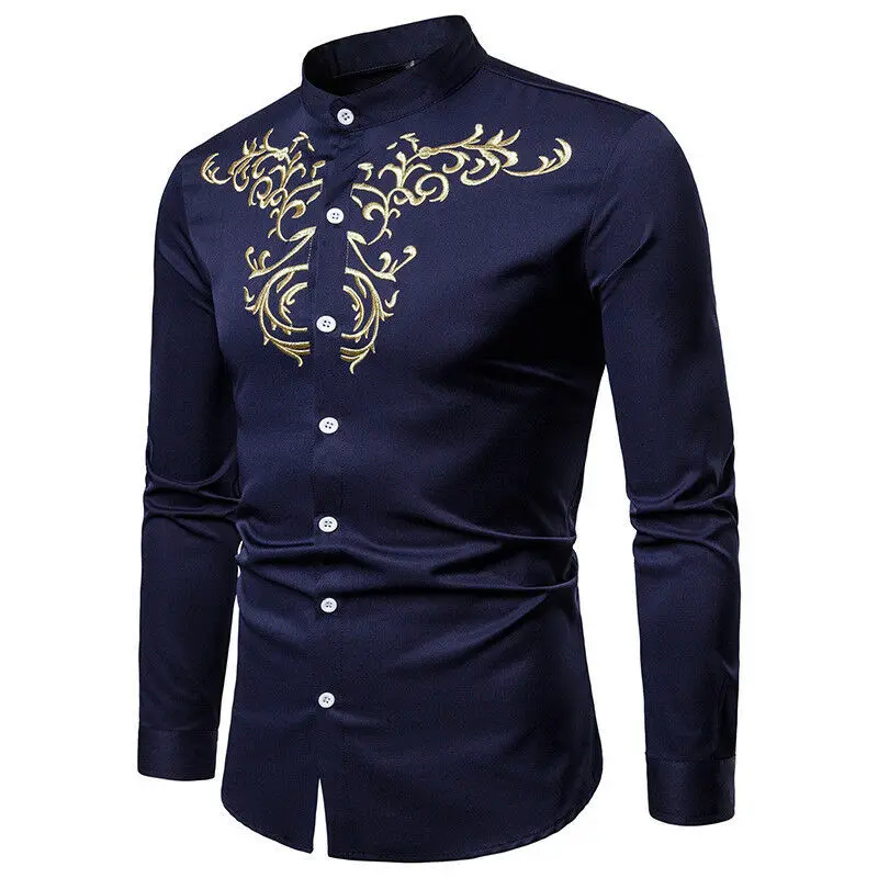 

Tee Tops Casual Shirt Fit Mens Formal Shirts S-2XL Sleeve Slim Long Embroider