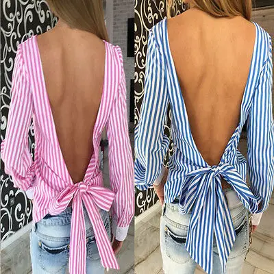 

New Fashion Women Hollow Casual Long Sleeve Shirts Loose Blouse Ladies Striped SexyTops