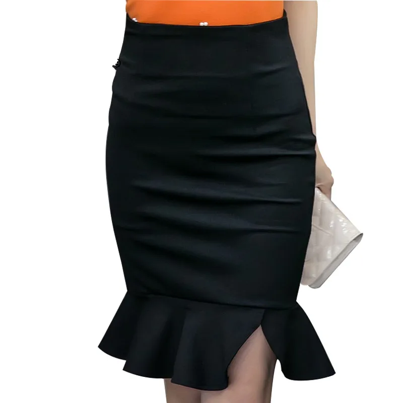 

Women Pencil Skirt Plus Size High Waist Bodycon Skirt Black Red Elegant Office Ladies Irregular Ruffle Hem Skirt Faldas Mujer