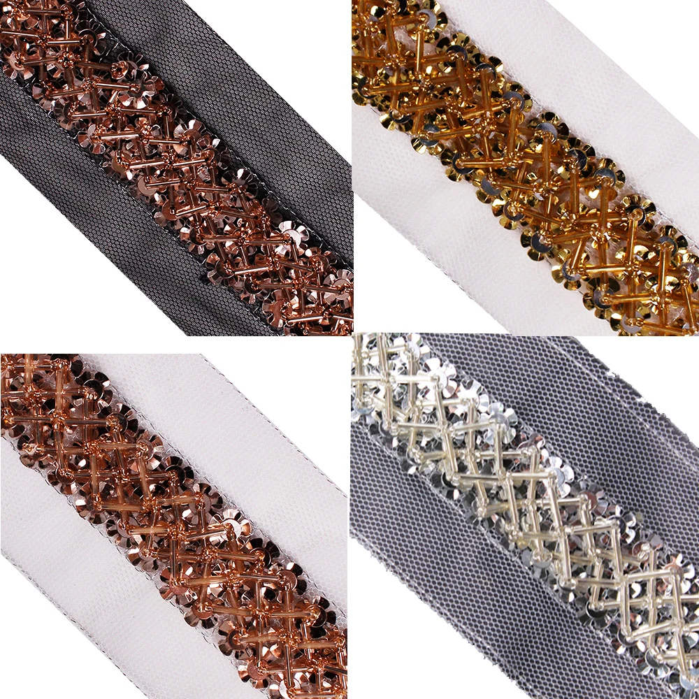 

5y Beaded Lace Trim Black White Mesh Net Fabric Paillette Lace Sequin Trim Lace Ribbon Fabric DIY Wedding Dress Sewing Applique