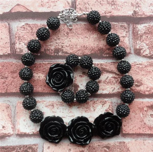 Hotter selling black resin flower pendant necklace&ampbracelet set kids child DIY chunky bubblegum beaded jewelry | Украшения и