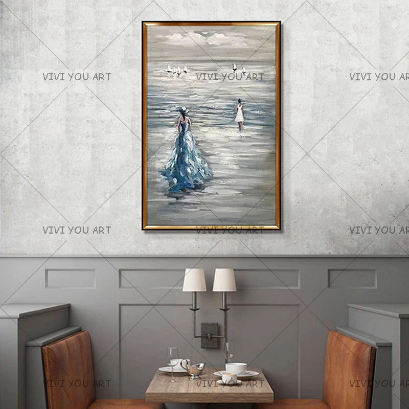 

Nordic Pure Handmade Oil Painting Canvas Art Handpainted Painting, Sea And Girl Wall Picture For Living Room, Home Decor