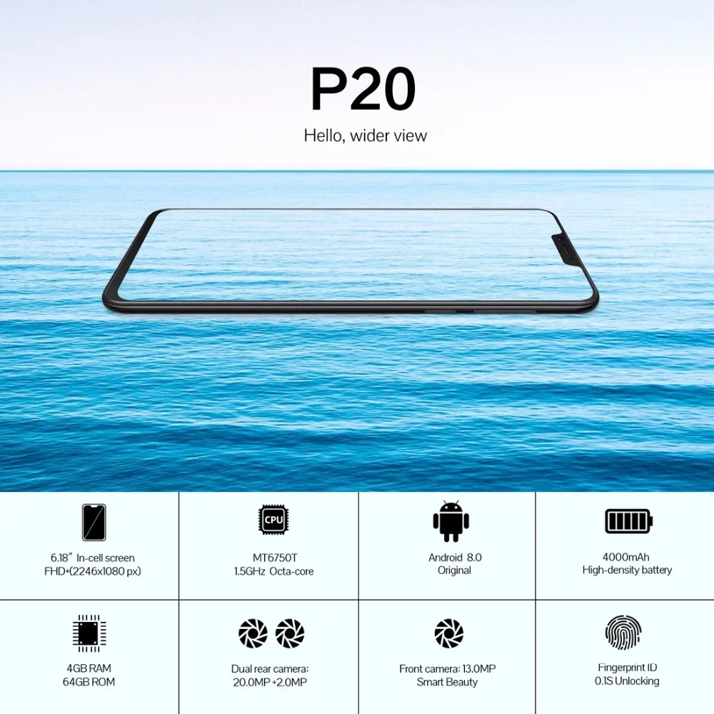 Cubot P20 6 18 'ཏ:9 Notch Экран 4 ГБ 64 MT6750T 8 ядерный Смартфон Android 0 4000 мАч 2246*1080 20MP + 2.0MP г