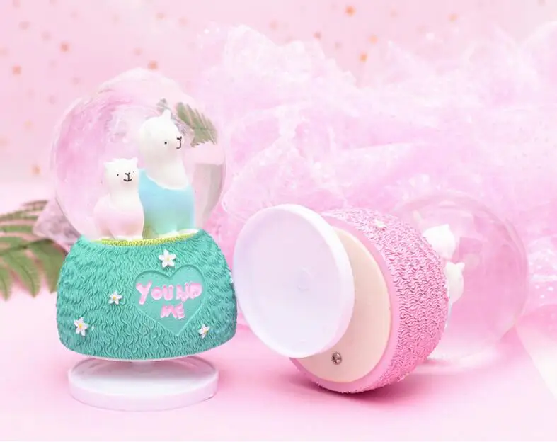 YM 802 Creative gifts little sheep cute Alpaca cartoon crystal ball external rotating water polo music box decoration | Дом и сад