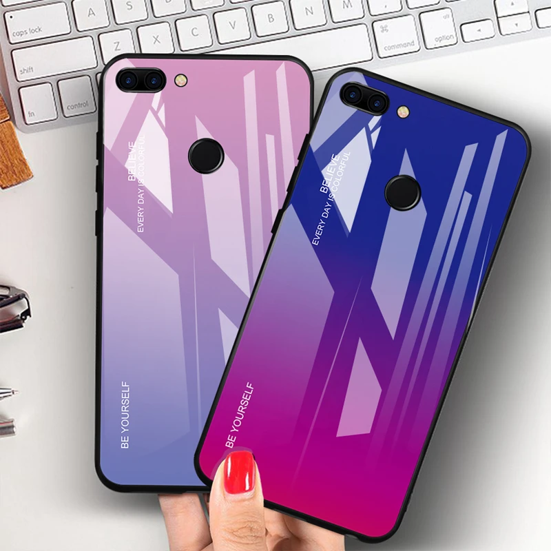 Gradient Aurora Case for Huawei P Smart 2019 FIG-LX1 FIG-LA1 Tempered Glass Back PSmart POT-LX3 POT-LX1 Colorful Cover |