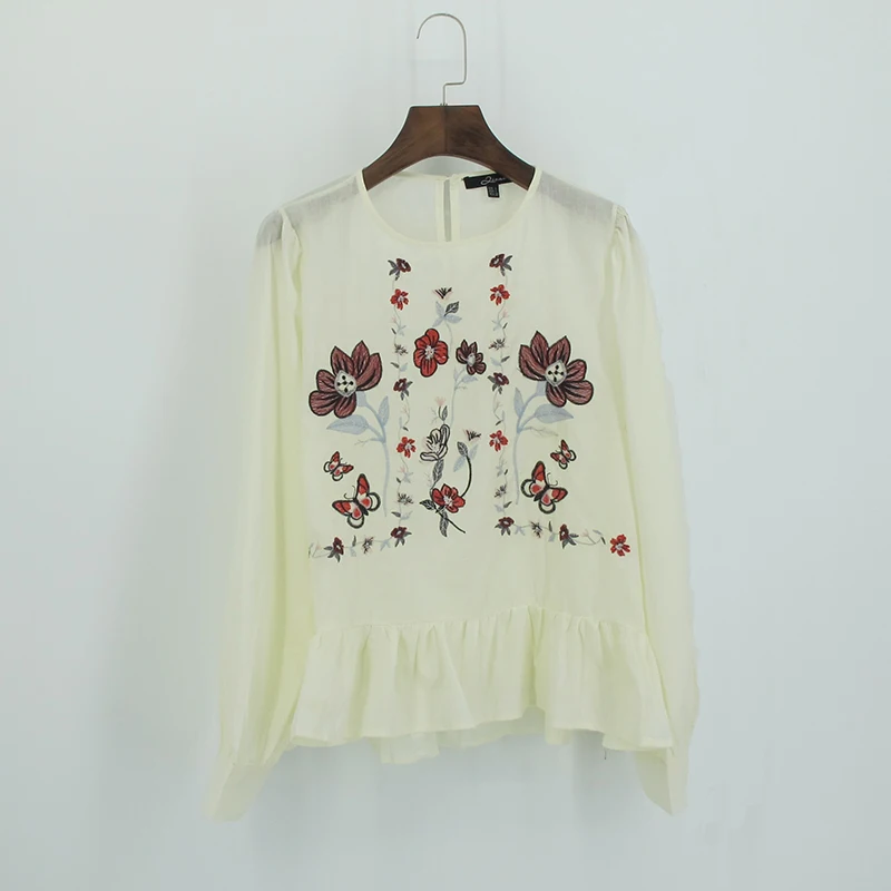 2017 Летняя Мода О-Образным Вырезом Цветочные Вышитые Рябить Элегантный Kawaii Хлопок