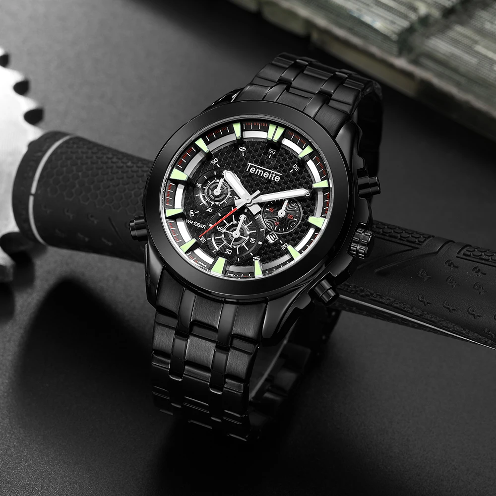 Мужские кварцевые часы TEMEITE черные наручные с календарем и ремешком из