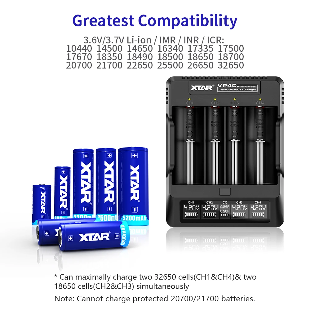 XTAR Батарея Зарядное устройство VP4C Быстрая зарядка DC Входная мощность 5V2A ЖК-дисплей Смарт Зарядное устройство 3,6 V 3,7 V 18650 27100 26650 32650 Батарея Зарядное устройство