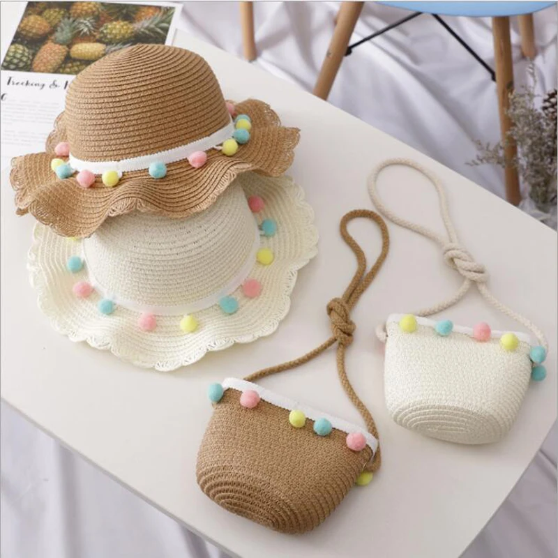 

High Quality Cute Girls Straw Hats Flowers Summer Sun Hats For Kids Children Beach Hats Foldable Sunscreen Including Bag