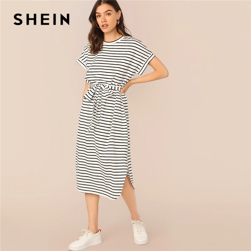 SHEIN Черное и белое Полосатое платье-футболка с разрезом и завязками на талии, женское летнее платье с рукавом летучая мышь, женские повседневные платья