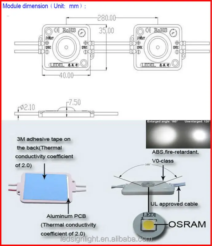 Светодиодная лампа для знака с сертификатом UL, гарантия 5 лет, питание от Osram или Nichia, 12 В 1,6 Вт 120 Светодиодная лампа для светового короба