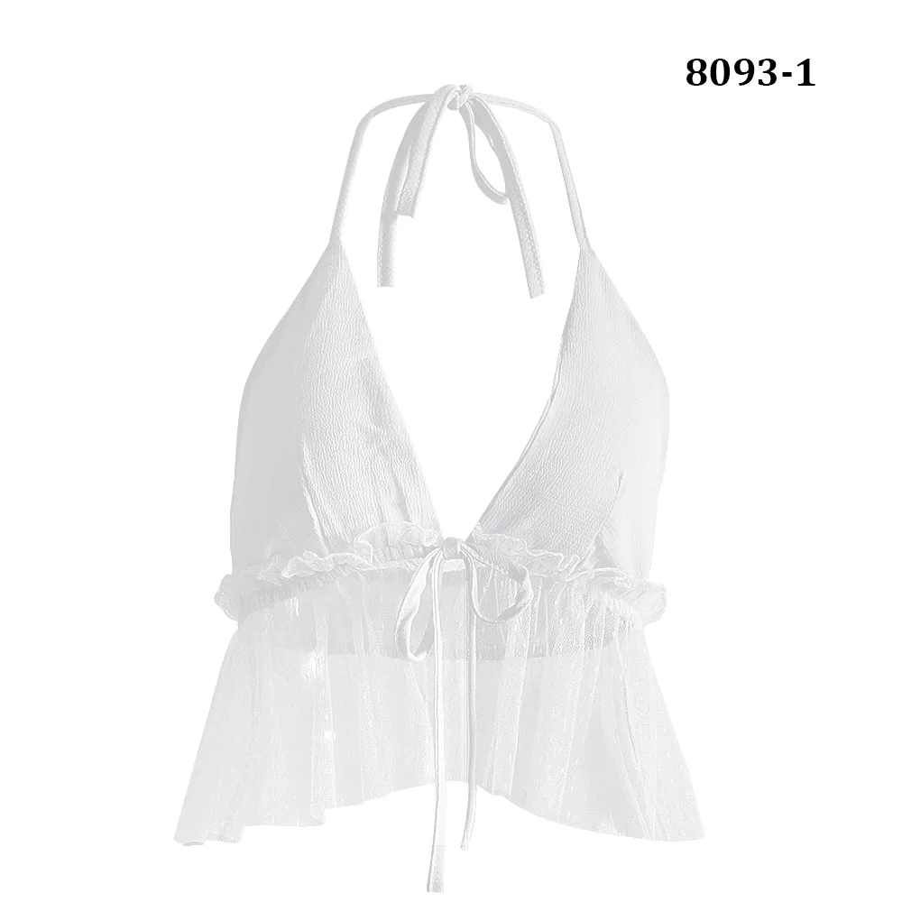 Sexy Mesh Halter Deep V-Neck Women's Laides Chiffon Solid Ruffles 8 Colors Tops Tees Tanks Camis Vests