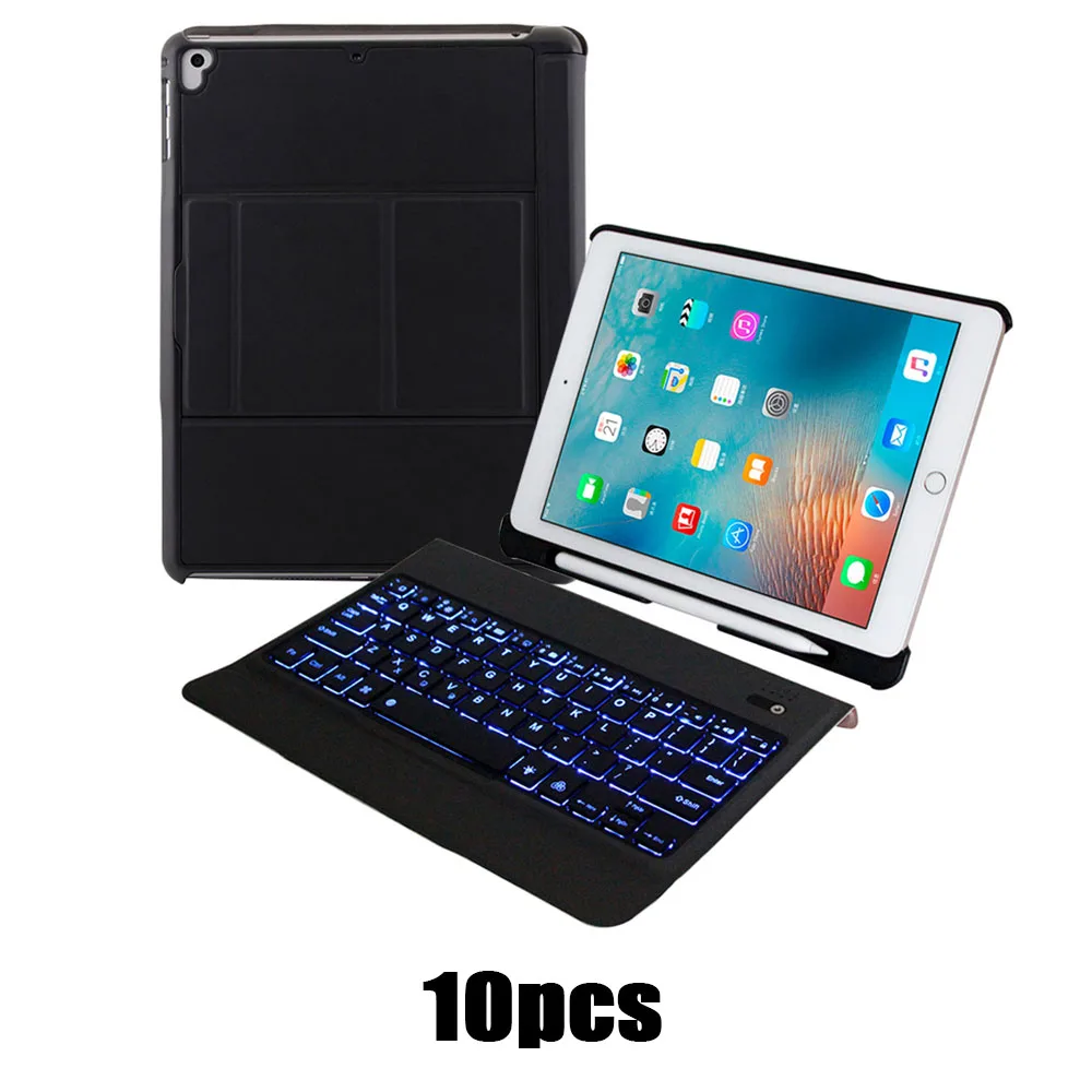 10 pcs Black 10 шт., 9,7 дюймов, планшет, Bluetooth, светодиодный, подсветка, испанская клавиатура со слотом для ручки, кожаный чехол, подставка для планшета, для iPad Air 1 2 Pro - Цвет: 10 pcs Black