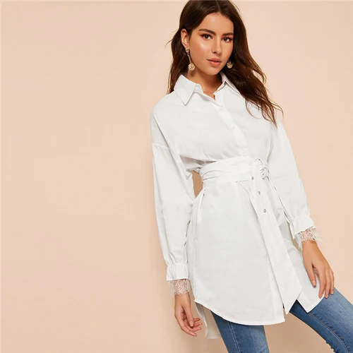 SHEIN Рубашка С Поясом Изогнутым Краем И Контрастными Кружевами Женская Весенняя Элегантная Блузка С Длинными Рукавами - Цвет: Белый