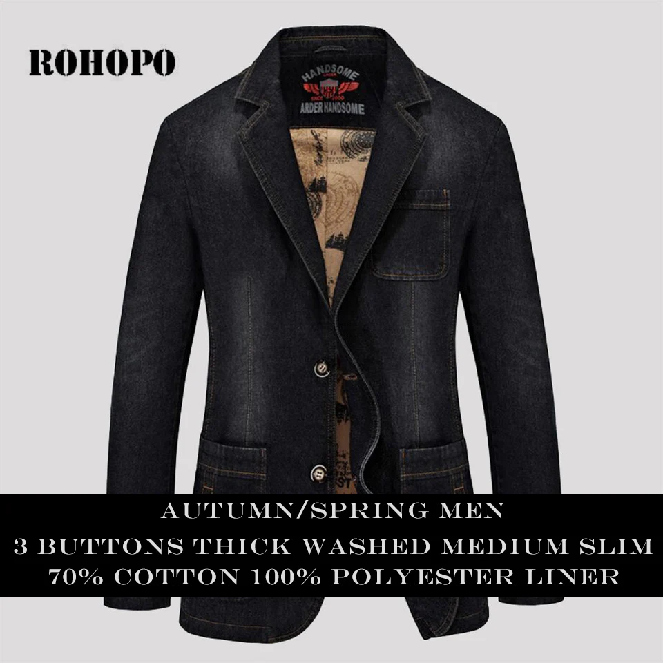 ROHOPO Black Man Denim Blazer Medium Slim Thick Cotton Casual Male Outwear Spring/Autumn Men Single Breast blazer | Мужская одежда