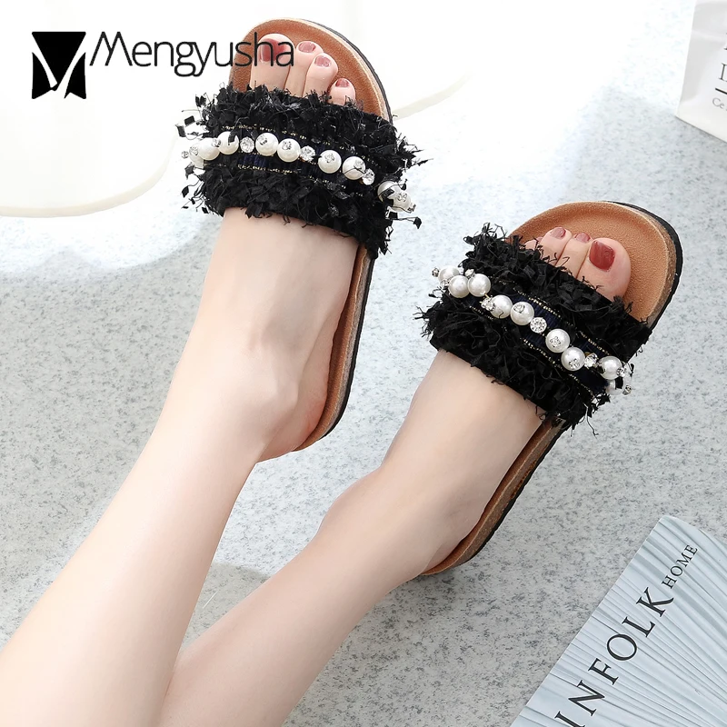 Женские красивые кружевные Шлепанцы из коровьей кожи замшевые сандалии на