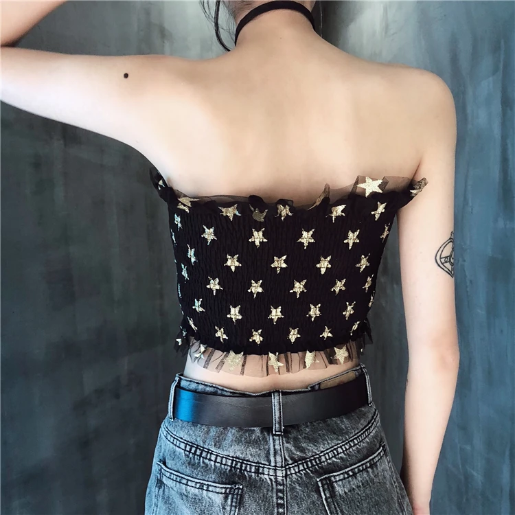 Flectit Harajuku панк готический стиль блеск звезды Smocked Tube Топы Ruched Mesh укороченный